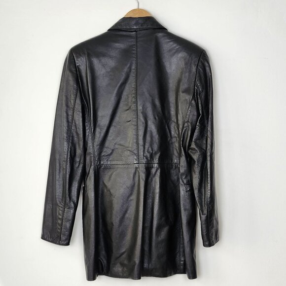 Vtg Late 90s Early 00s Women's Genuine Leather Long Black Button-Up Jacket Rock - Picture 4 of 16